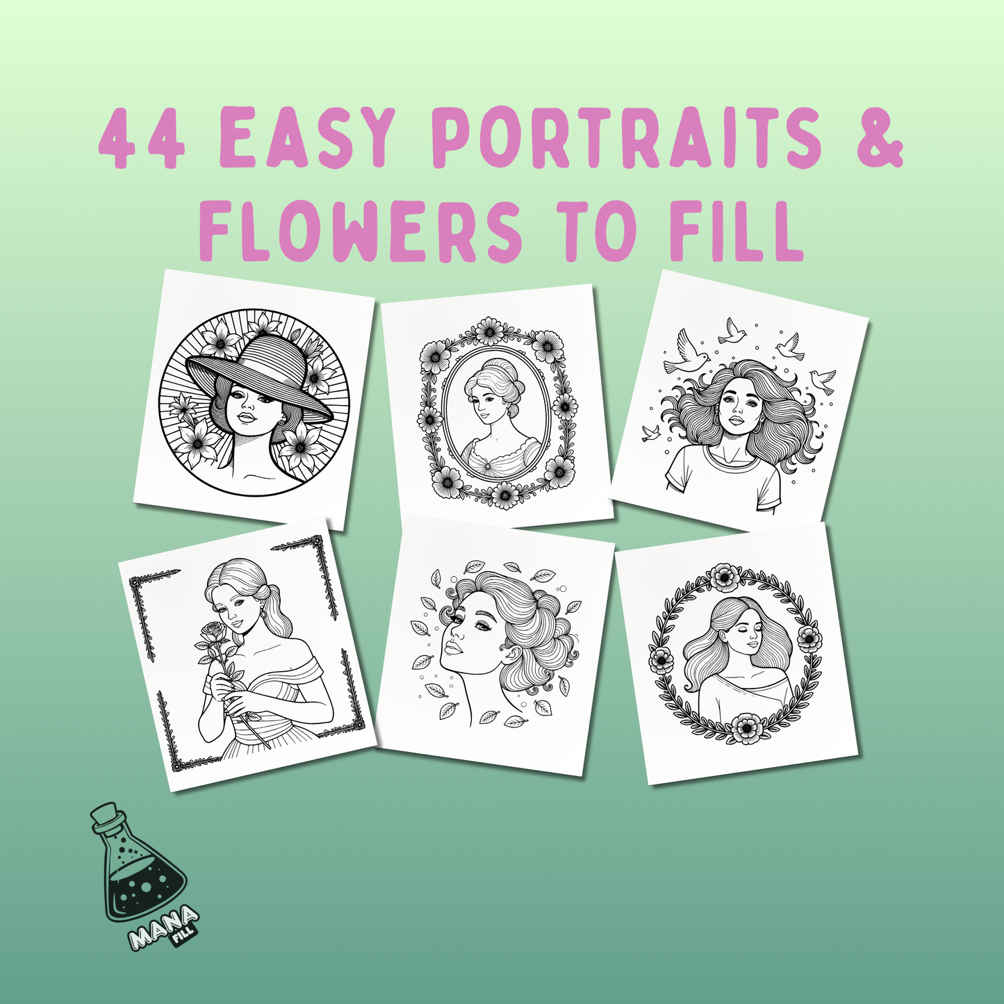 Portraits & Flowers 2: Simple Coloring Book Digital PDF for Print
