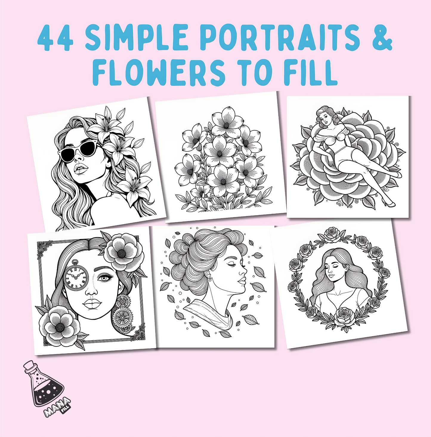 Portraits & Flowers: Simple Coloring Book Digital PDF for Print