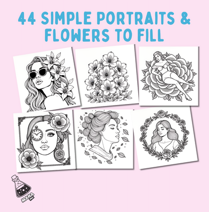 Portraits & Flowers: Simple Coloring Book Digital PDF for Print
